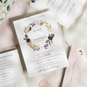 Blush And Navy Wedding Invitations, Floral Wedding Invitation with RSVP, Pink and Navy Wedding Invites, With Envelope Liners 'Elise' SAMPLE image 1