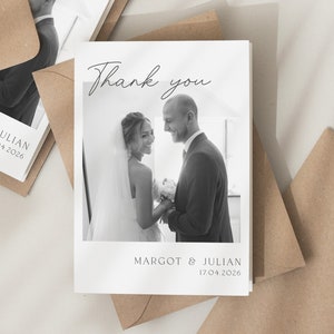 Biglietto di ringraziamento per matrimonio in bianco e nero, Biglietto di ringraziamento con foto, Biglietto di ringraziamento per matrimonio piegato, Biglietto di ringraziamento, Biglietto di nozze semplice con foto