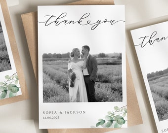 Carte de remerciement de mariage verdure, cartes de remerciement avec photo, carte de remerciement de mariage pliée, carte de remerciement simple avec photo