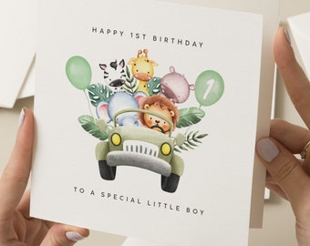 Tier 1. Geburtstagskarte für Jungen, Safari-Geburtstagskarte für Enkel, niedlicher Neffe 1. Geburtstagskarte, 1. Geburtstag, niedliche Safari-Truck-Karte