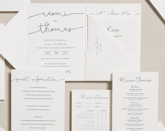 White Script Pocketfold Wedding Invitations With Bellyband, Wedding Invitation Set, Simple Invitation Suite with Info Card 'Naomi' SAMPLE