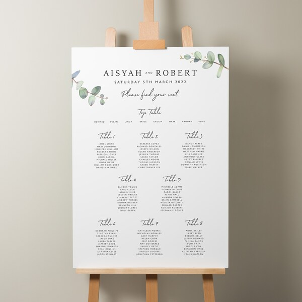 Wedding Table Plan, Personalised Greenery Table Seating Plan, Find Your Seat Sign, Botanical Foliage Wedding Décor A1 'Aisyah'