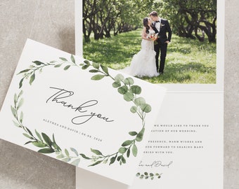 Sage Green Wedding Thank You Cards Pack, Greenery Wedding Thank You Card Set with Photo and Envelopes, Mediterranean Olive Green  'Alethea'