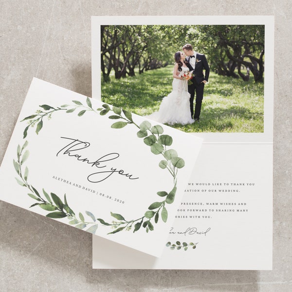 Salie groene bruiloft dank u kaarten Pack, groene bruiloft dank u kaarten set met foto en enveloppen, Mediterraan olijfgroen 'Alethea'
