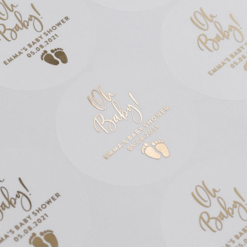 Personalised Oh Baby Foiled Baby Shower Stickers For Decoration and Favours in Silver, Gold, Rose Gold, Custom Gender Reveal 51mm ST124 