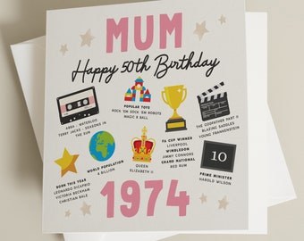 Carte des 50 ans pour maman, carte d'anniversaire pour maman, cadeau pour maman, carte d'anniversaire importante, cadeau pour maman, maman, pour elle, née en 1974