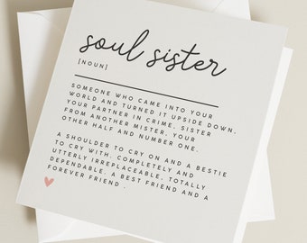 Soul Sister Geburtstagskarte, Schwester Definitionskarte, Geschenk für die beste Freundin, einfache Dankeskarte für sie, Bestie Karte für sie, Karte für Freundin