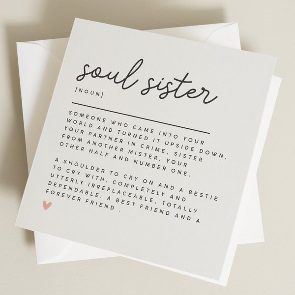 Soul Sister Birthday Card, Sister Definition Card, Gift For Best Friend, Simple Thank You Card For Her, Bestie Card For Her, Card For Friend