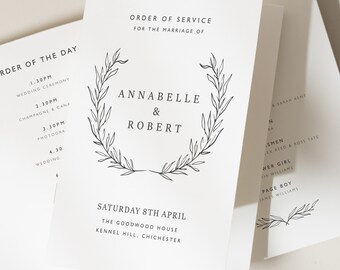 Simple Wedding Service Program, Botanical Order Of Service Booklet, A5 Order Of The Day Booklets  'Annabelle'