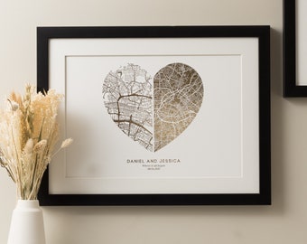 Custom Gold Foil Heart Shaped Map Print, Wedding Gift For Couples, Romantic Foil Location Print, Foil Map Print, Anniversary Gift For Her