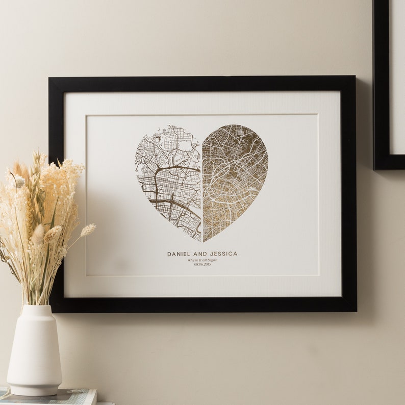 Custom Gold Foil Heart Shaped Map Print, Wedding Gift For Couples, Romantic Foil Location Print, Foil Map Print, Anniversary Gift For Her image 1