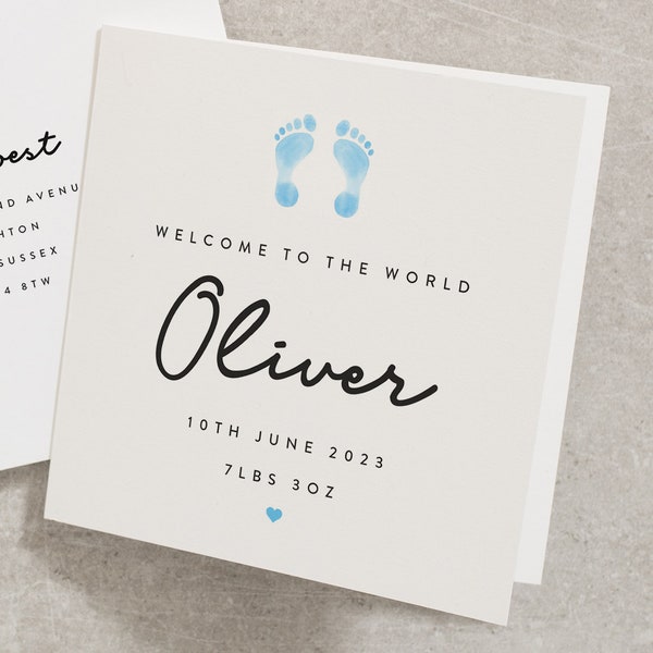 Personalised New Baby Boy Card, It's a Boy Card, Welcome To The World Card, Blue Baby Boy Footprints Card, New Born Baby Card NB023