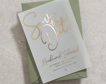 Vellum Save The Date, Gold Foiled Save The Date Invite With Sage Green Envelope, Foil Wedding, Transparent Invitation, Vellum Invite 'Heidi'