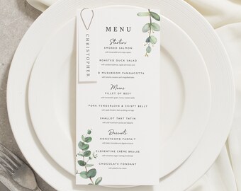 Carte del menu di nozze, Carte del menu della cena, Carta del menu con segnaposto, Menu floreale, Eucalipto, Matrimonio verde 'Aisyah'