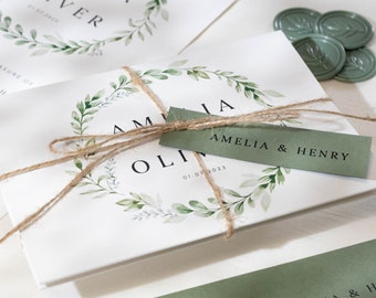 Greenery Wedding Invitation Set with Twine, Eucalyptus Wreath Wedding Invitation Concertina with Olive Green Envelopes 'Amelia' SAMPLE