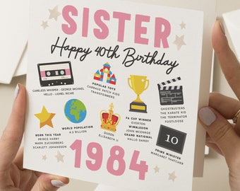 Sister 40th Birthday Card, Fact Birthday Card For Sister, Gift For Sister, Milestone Birthday Card, Gift For Sister, Born In 1984