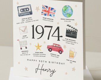 Personalisierte Karte zum 50. Geburtstag, Geburtstagskarte für Ihn, Geschenk zum 50. Geburtstag, Fünfzigste Meilensteinkarte, Geschenk für Ihn, Geboren 1974