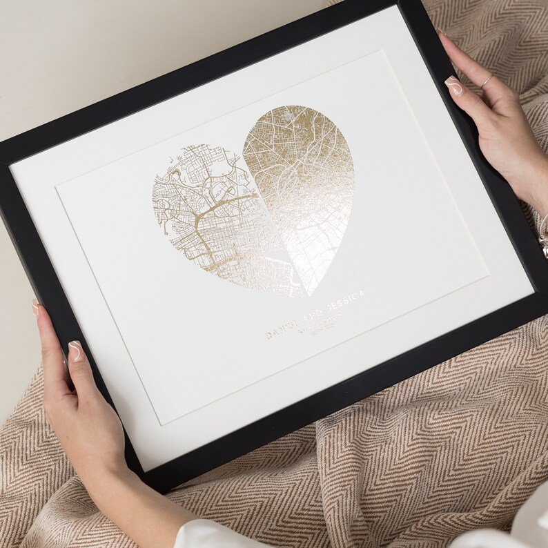 Custom Gold Foil Heart Shaped Map Print, Wedding Gift For Couples, Romantic Foil Location Print, Foil Map Print, Anniversary Gift For Her image 2