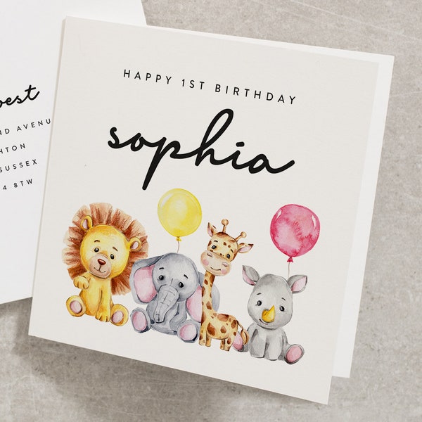 Animal 1st Birthday, Personalised Happy 1st Birthday, Cute Animal Greeting Card, Cute Safari Animal, Baby Animal Card, 1st Birthday BC812