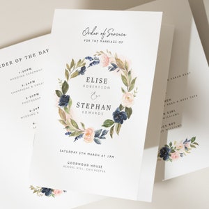 Navy And Blush Order Of Service Wedding Booklet, Floral Wreath Civil Ceremony Program 'Elise'