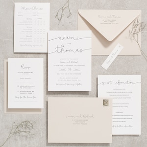 Simple Script Wedding Invitation Set, Stylish Clean Wedding Invite Suite RSVP and  Menu Card, Elegant Calligraphy Invites 'Naomi' SAMPLE