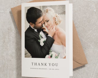 Wedding Thank You Card With Photo, Thank You Wedding Card, Folded Thank You Card, Simple Wedding Thank You Card With Envelope 'Harper'