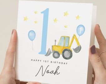 Personalisierte 1. Geburtstagskarte für Sohn, Bagger Geburtstagskarte, Bau Geburtstagskarte für Jungen, für Enkel, Geschenk für 1 Jahre alten Jungen