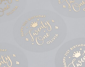 Happy 21st Birthday Sticker, Twenty One Birthday, With Foil, Any Name, Personalised Birthday Stickers, Calligraphy Stickers, 51mm ST071