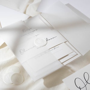 Simple Vellum Wedding Invitation Set, Personalised Elegant Wedding Invitation with Bellyband, RSVP, Wax Seal & Vellum Wrap 'Olivia' SAMPLE image 1