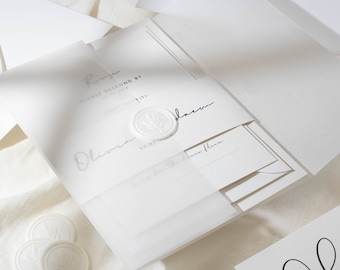 Simple Vellum Wedding Invitation Set, Personalised Elegant Wedding Invitation with Bellyband, RSVP, Wax Seal & Vellum Wrap 'Olivia' SAMPLE