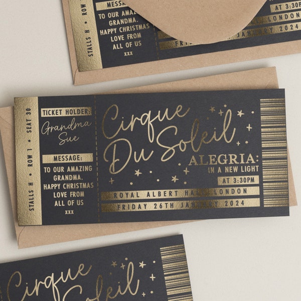 Chèque-cadeau personnalisé en feuille d’or, chèque-cadeau du Cirque du Soleil, cadeau de spectacle personnalisé, gratter à révéler, billet de spectacle