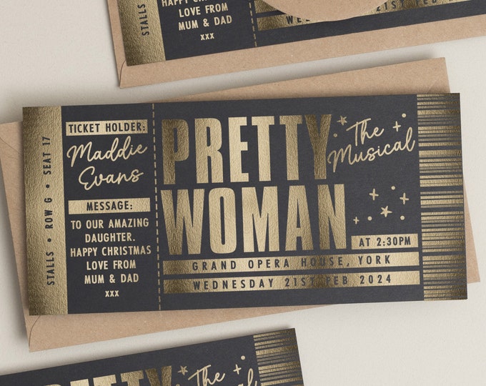 Personalised Theatre Gift Voucher, Pretty Woman Ticket, Musical Theatre Ticket, Surprise Broadway Ticket, Scratch To Reveal, Memorabilia