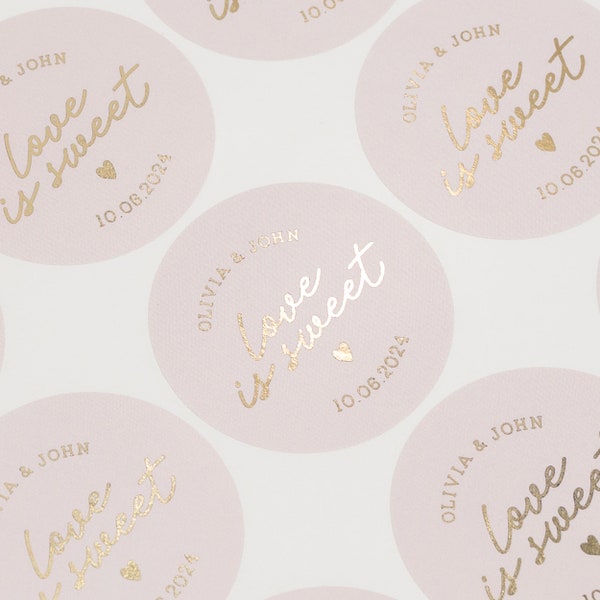 Love Is Sweet Label, Wedding Labels For Favors, Sweet Bag Stickers, Blush Pink Stickers, Wedding Sweet Bags, Gold Foil Sticker