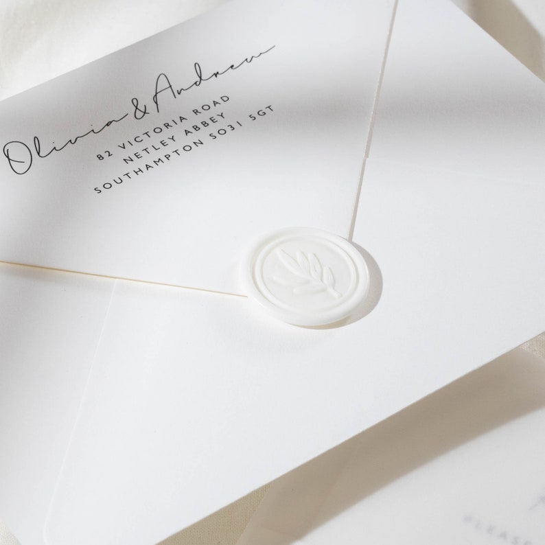 Simple Vellum Wedding Invitation Set, Personalised Elegant Wedding Invitation with Bellyband, RSVP, Wax Seal & Vellum Wrap 'Olivia' SAMPLE image 5