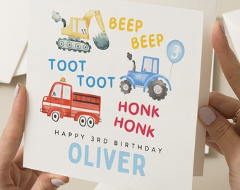 Personalised 1st 2nd 3rd Birthday Card, Third Birthday Card For Son, Nephew, Grandson Birthday Card with Digger, Train, Fire Truck Birthday
