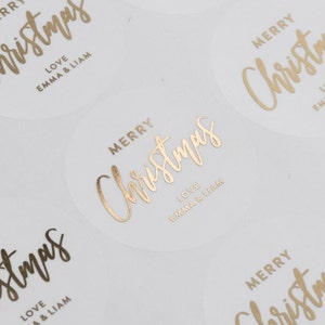 Merry Christmas Sticker Labels in Gold Foil, Personalised Christmas Present Stickers with Foil, Gold, Rose Gold or Silver, 51mm ST099