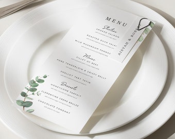 Wedding Menu Cards, Dinner Menu Cards, Menu Card With Place Card, Floral Menu, Eucalyptus, Greenery Wedding 'Aisyah'