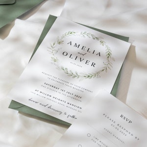 Floral Greenery Wedding Invitation Set, Eucalyptus Wedding Invites with Envelopes, Green Leaf Wedding Invitation Bundle 'Amelia' SAMPLE