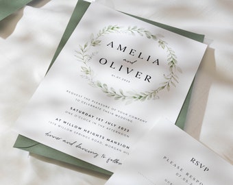 Floral Greenery Wedding Invitation Set, Eucalyptus Wedding Invites with Envelopes, Green Leaf Wedding Invitation Bundle 'Amelia' SAMPLE