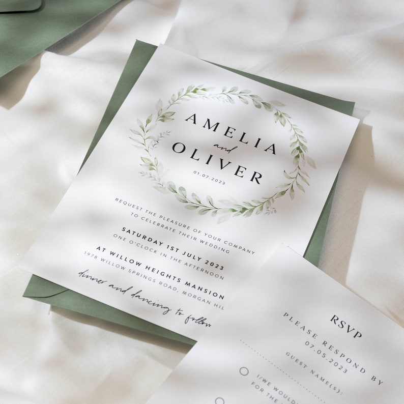 Floral Greenery Wedding Invitation Set, Eucalyptus Wedding Invites with Envelopes, Green Leaf Wedding Invitation Bundle 'Amelia' SAMPLE image 1