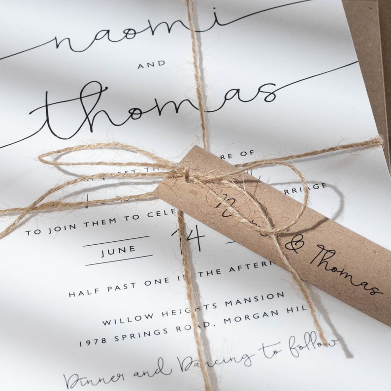 Rustic Wedding Invitation Set with Twine, Kraft Wedding Invitations with Personalised Tags, Woodland Wedding Invitation Suite 'Naomi' SAMPLE image 4