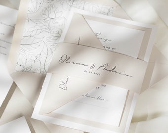 Simple Wedding Invitation Set, Personalised Wedding Invitation with Envelope Liners, Calligraphy Invites, Modern 'Olivia' SAMPLE