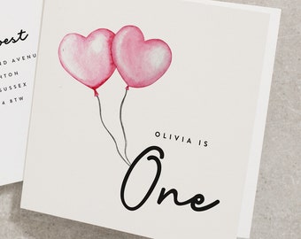 Balloon Birthday Card, Pink Birthday Card, Personalised First Birthday Card, 1st Birthday Card Girl, Babys First Birthday Card, Cute BC825