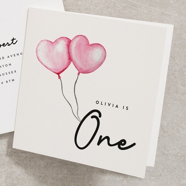 Carte d'anniversaire ballon, carte d'anniversaire rose, carte de premier anniversaire personnalisée, 1er anniversaire carte fille, carte de premier anniversaire de bébé, BC825 mignon