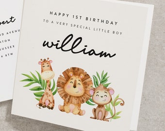 Happy 1st Birthday To A Very Special Little Boy, Personalised 1st Birthday Card For Boy, Animal Birthday Card, Cute Safari Animals BC813