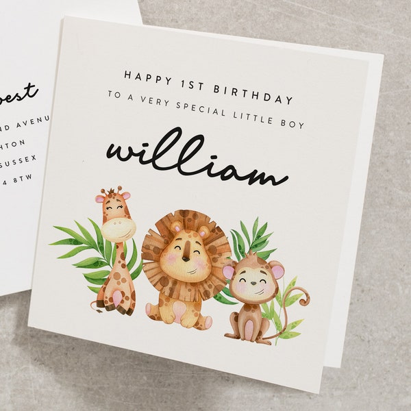 Happy 1st Birthday To A Very Special Little Boy, Personalised 1st Birthday Card For Boy, Animal Birthday Card, Cute Safari Animals BC813