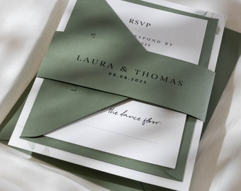 Sage Green Wedding Invitation Set with Bellyband & RSVP, Simple Green Leaf Wedding Invitation Suite, Greenery Wedding Invites 'Laura' SAMPLE