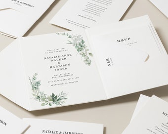 White And Botanical Wedding Invitation, Greenery Wedding Invite, Sage Wedding Invitation, Wedding Stationery Green Floral 'Natalie' SAMPLE