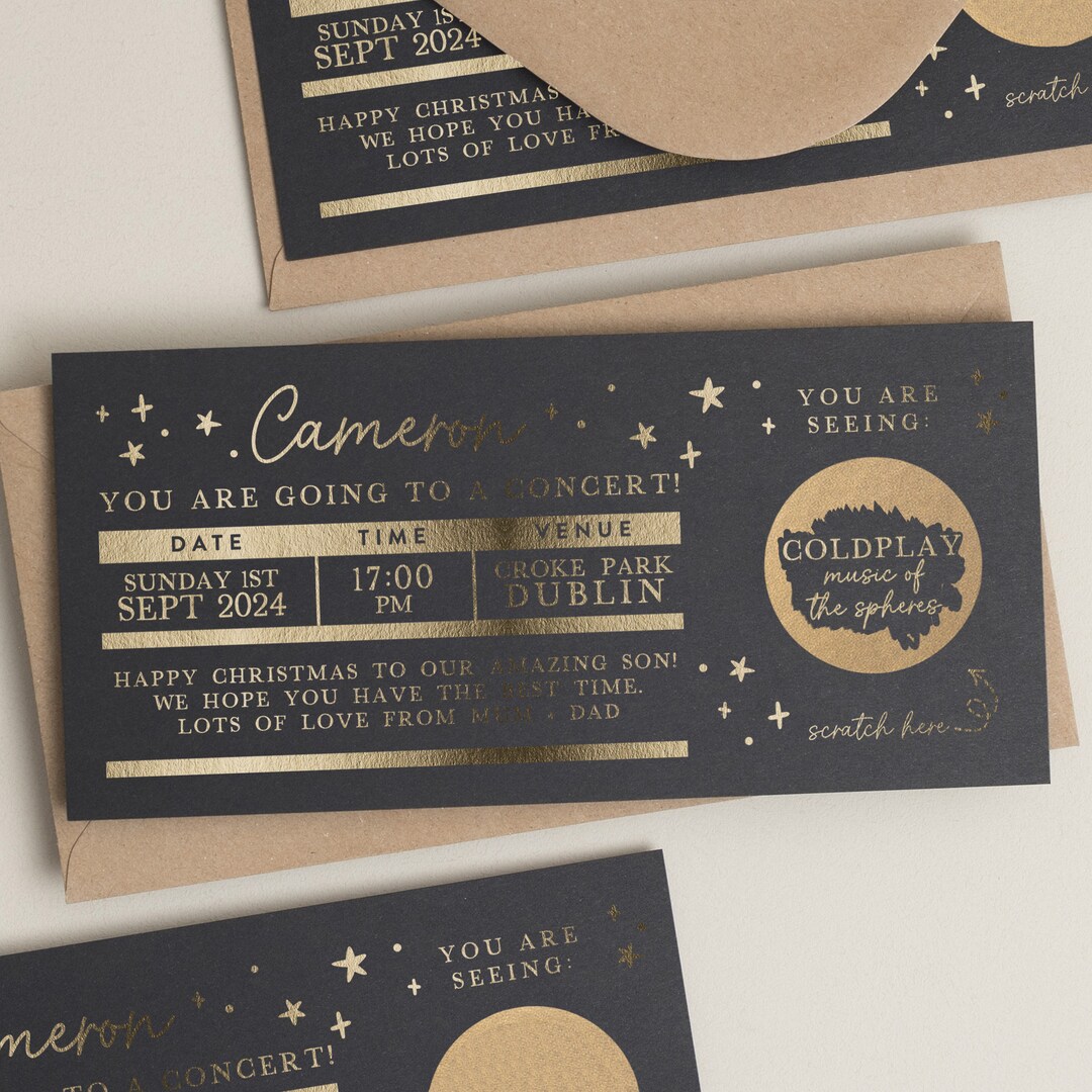 Personalised Gold Foil Scratch Gift Voucher, Gig Ticket Gold Foil Gift