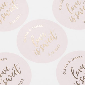 Love Is Sweet Stickers, Pink Stickers, Wedding Stickers For Wedding Favors, Sweet Bag Stickers, Wedding Sweet Bags, Gold Foil Sticker